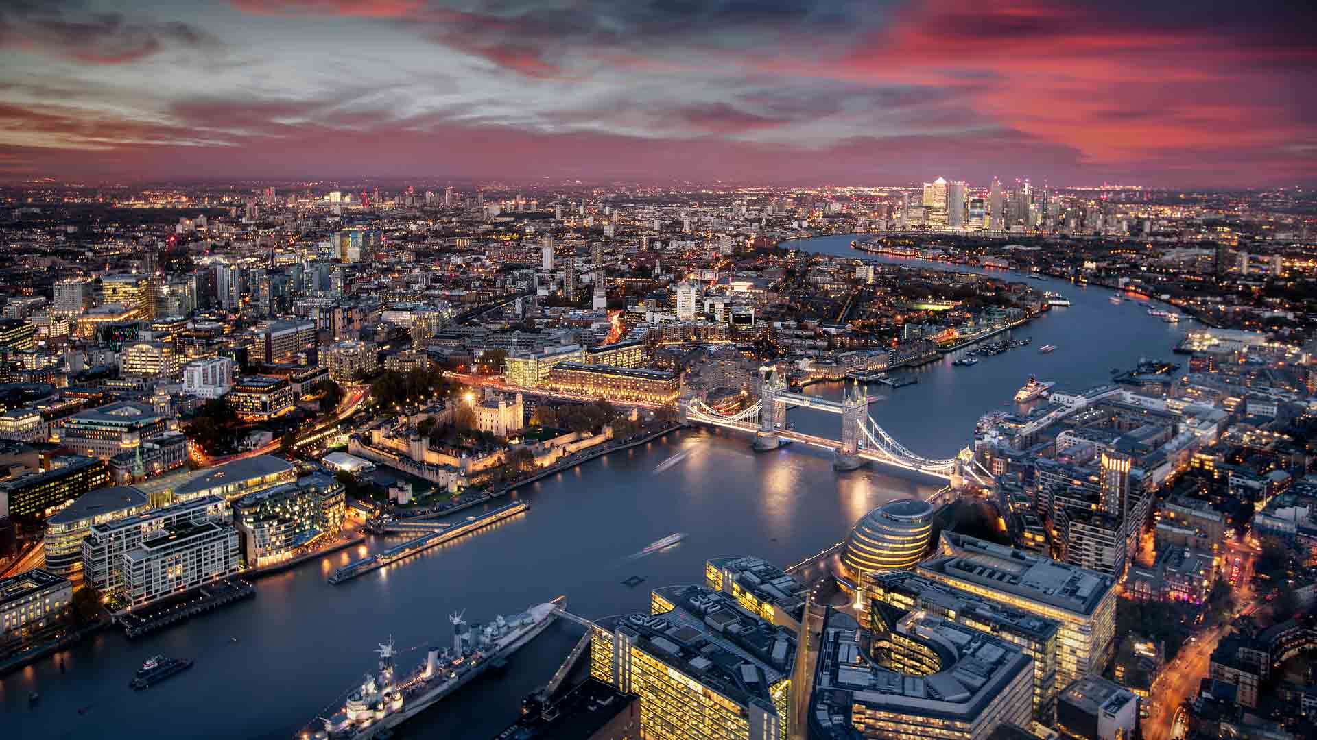 London sunset cityscape with Tower Bridge